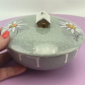 Vintage bowl with lid, Ed Langbein design, original ITALY, drip glaze